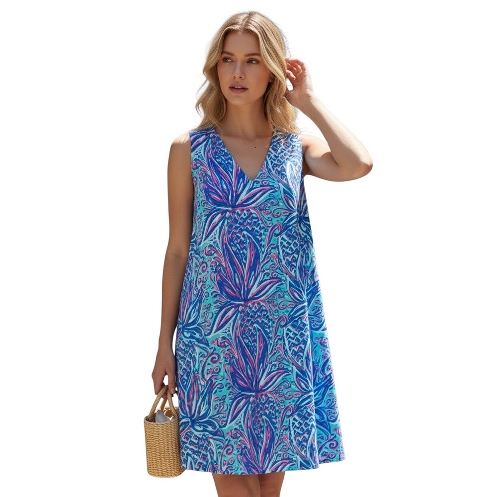 Lulu-B Womens XL Sleeveless V-Neck Dress Blue Pink Pineapple Tropical Print